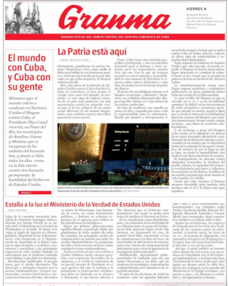 La une de &ldquo;Granma&rdquo;, le quotidien du parti communiste de Cuba, du vendredi 4 novembre 2022.