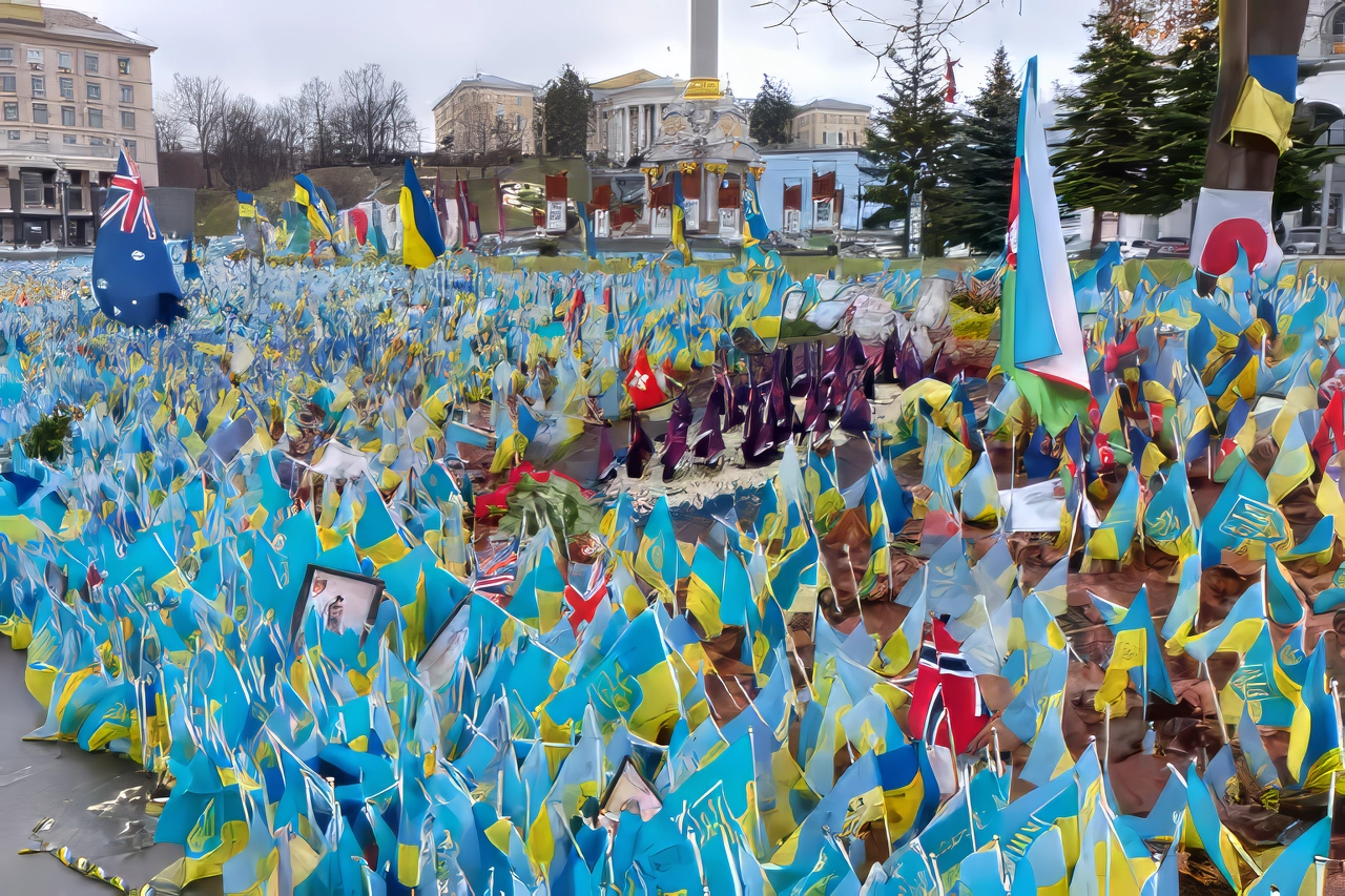 Des drapeaux sur la place de l&rsquo;Ind&eacute;pendance &agrave; Kiev symbolisant le nombre de morts parmi l&rsquo;arm&eacute;e et les volontaires (Al Jazeera)