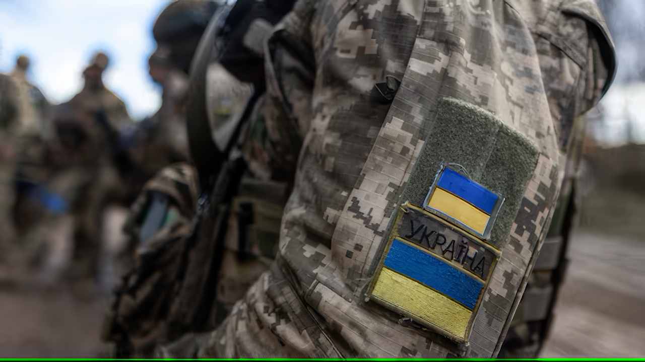 Un badge avec le drapeau ukrainien est vu sur le bras d&rsquo;un soldat ukrainien (Wojtek Radwanski / AFP)